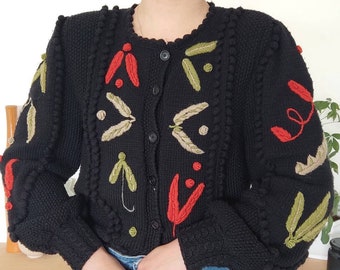 Vintage handmade austrian Tyrolean bavarian cardigan with flower embroidery popcorn details Hungarian Haziipar 1980 80's