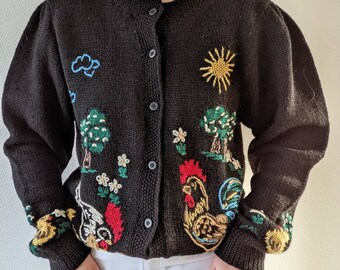 Véritable vintage laine noire autrichien bavarois tyrolien dirndl cardigan avec motif paysage rural canards poulet fait à la main