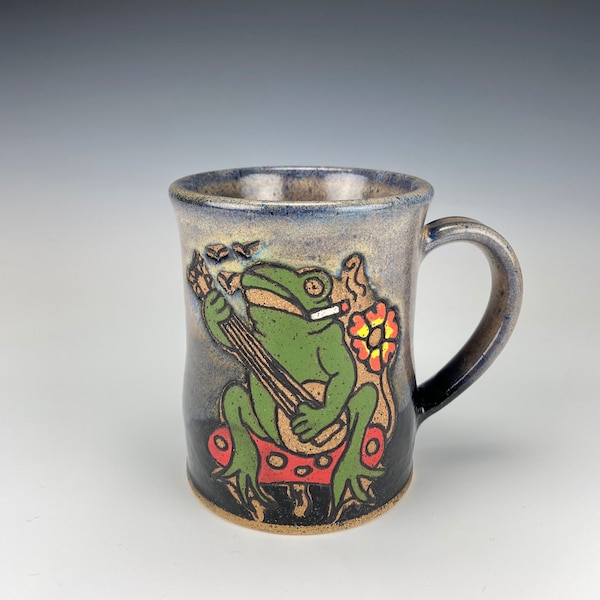 Frog Banjo Mug 12-14oz Mushroom Ceramic Handmade Pottery birthday gift present