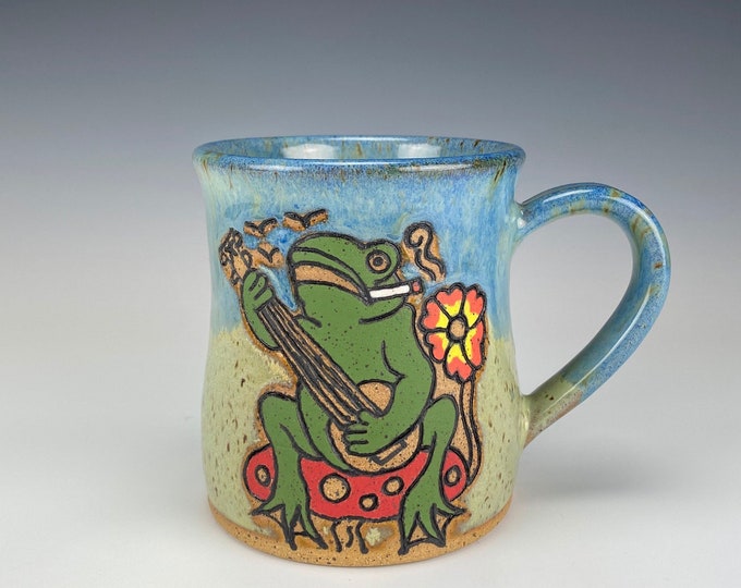 Frog Banjo Mug 12-14oz Ceramic Handmade Pottery Bluegrass guitar mandolin birthday gift present