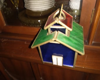 ステンドグラス 7 インチ装飾鳥小屋キャンドルホルダー、金属フレーム