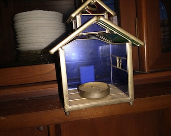 ステンドグラス 7 インチ装飾鳥小屋キャンドルホルダー、金属フレーム