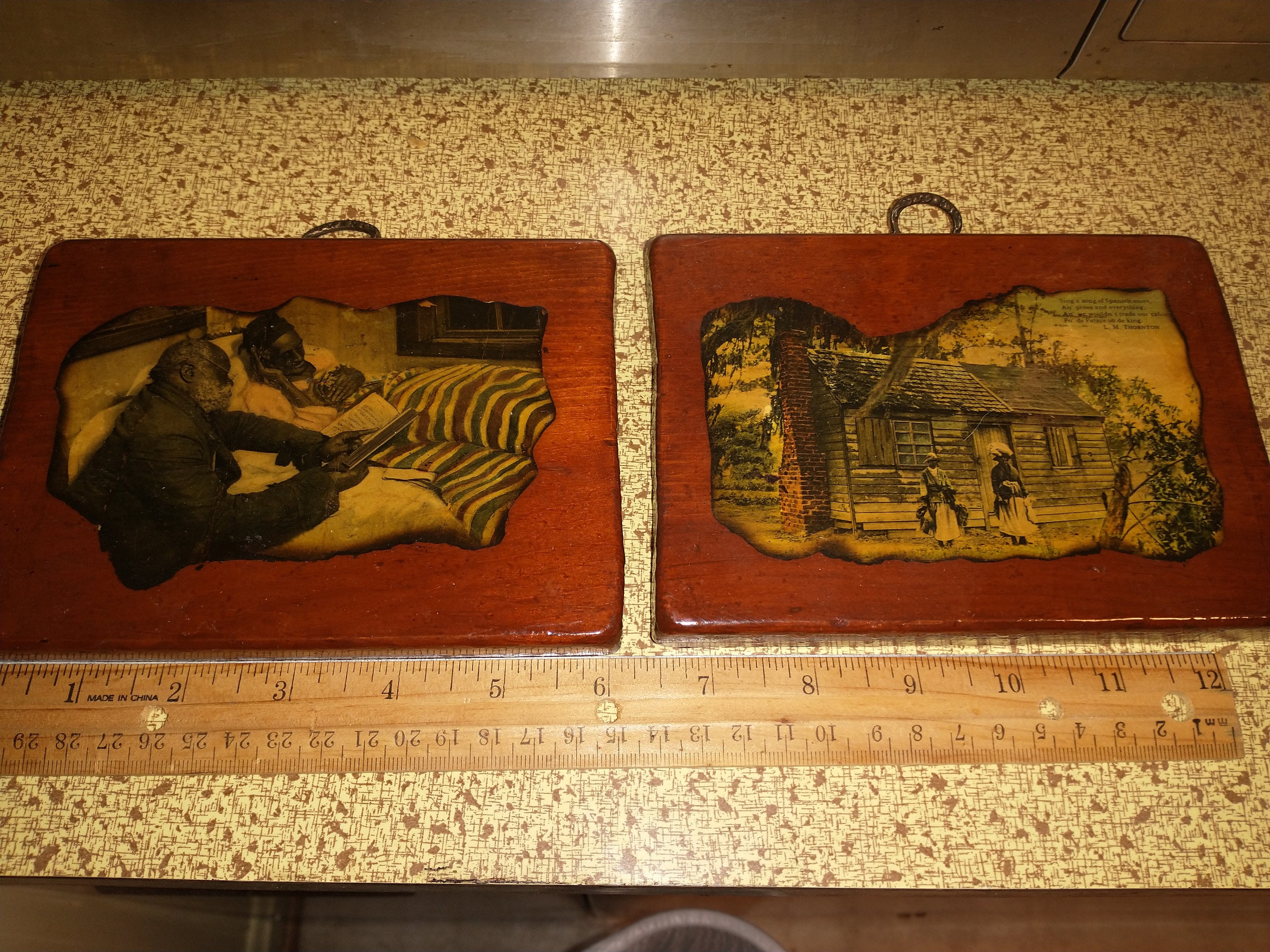2 Antique African American Wood Plaque Pictures. Antique Black Art. Free shipping in the US