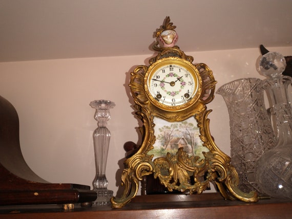 Antique Rare Fine 14 New Haven Hand Painted Brass and Porcelain Chiming  Mantle Clock. Stunning Piece. Free Shipping in the US 
