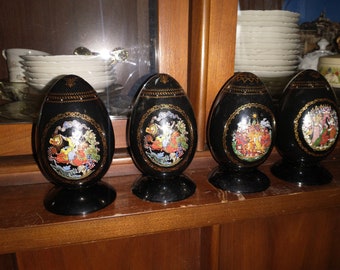 4 Antique Authentic Ruslan and Ludmila Black Porcelain Eggs. Free shipping in the US