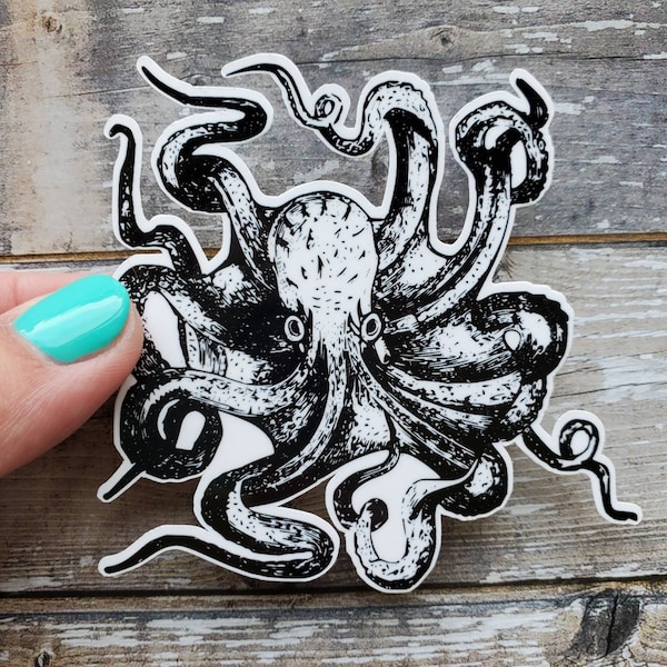 Vintage Octopus Sticker, Octopus Tentacles Sticker, Black and White Octopus Sticker