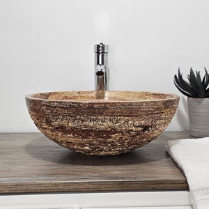 Stone Bathroom Vessel Sink Round Bowl, Red  Brown Travertine marble rustic chiseled