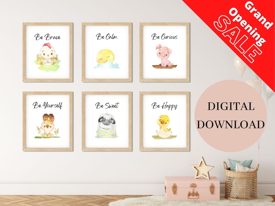 Farm Animal Nursery Prints, Set of 6 Prints, Nursery Wall Art, Farm