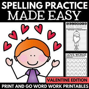 May include: Black and white printable worksheets for Valentine's Day. The worksheets feature a cartoon boy surrounded by hearts and the text "Decorate Your Words" and "Love Words".