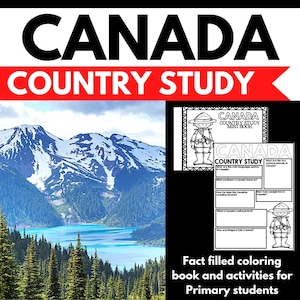 Op de afbeelding: Zwart-witte kleurboek en activiteitenpagina's voor kinderen om meer te leren over Canada. De omslag toont een cartoonillustratie van een Canadese Mountie en een berglandschap met een meer.