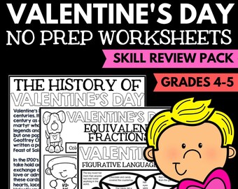 Valentine's Day Worksheets – 4th/5th Grade Reading, Writing, Math, Homeschool Printable