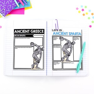 May include: A black and white printable worksheet with the title "Ancient Greece" and "Life in Sparta". The worksheet includes a drawing of a discus thrower and several blank spaces for writing.