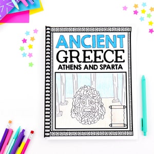May include: A black and white coloring book with a blue title that reads "Ancient Greece Athens and Sparta". The cover features a black and white illustration of a Greek statue with a scroll.