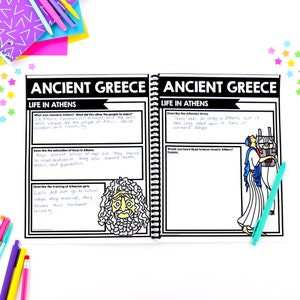 May include: Black and white illustrated worksheet with the title "Ancient Greece: Life in Athens". The worksheet has questions about the education of boys and girls in Athens, the Athenian army, and what life was like in Athens.