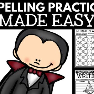 May include: A black and white illustration of a vampire with a red cape. The image includes two printable worksheets for spelling practice. One worksheet features a pumpkin theme and the other features a backwards writing activity.