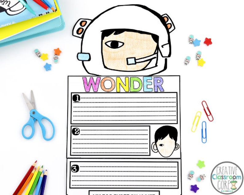 Pode incluir: Uma folha de trabalho imprim&iacute;vel com um astronauta de desenho animado usando um capacete branco. A folha de trabalho tem a palavra "WONDER" em letras arco-&iacute;ris e tr&ecirc;s se&ccedil;&otilde;es numeradas com linhas para escrever.