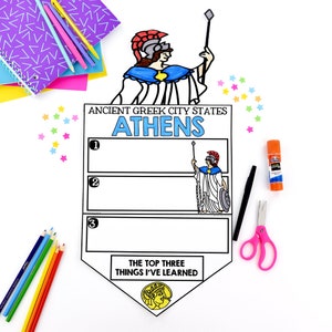 May include: A printable worksheet for learning about Ancient Greek city-states. The worksheet features a drawing of a Greek warrior and the word "ATHENS" in blue letters. There are three blank lines for students to write down what they have learned about Athens.