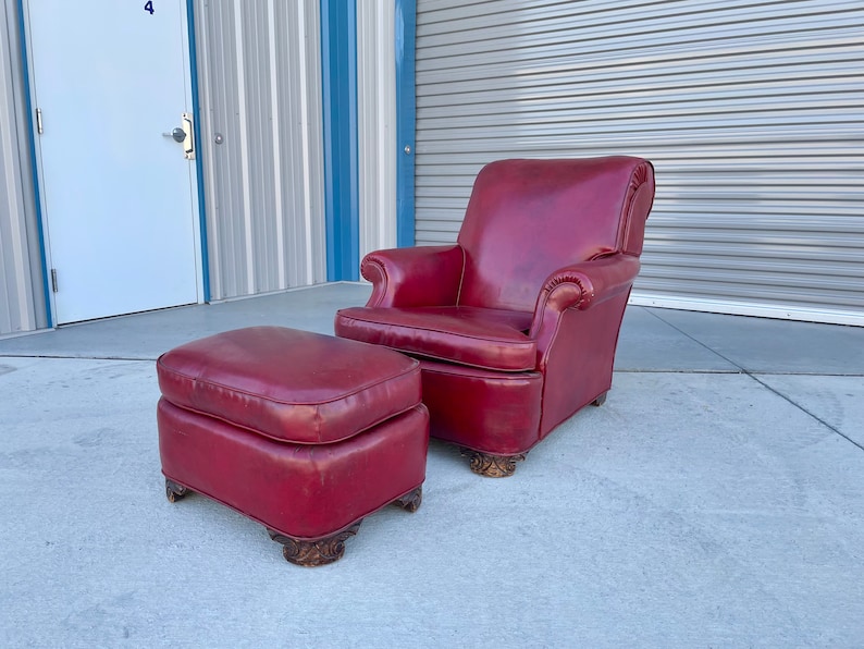 1950s Vintage Leather Chair & Ottoman Set of 2 image 1