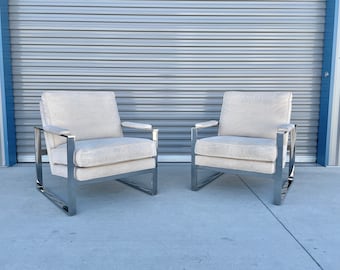 Mid Century Modern Chrome Lounge Chairs Attributed to Milo Baughman - Set of 2