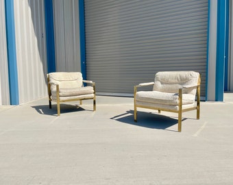 1970s Mid-Century Brass and White Lounge Chair Styled After Milo Baughman