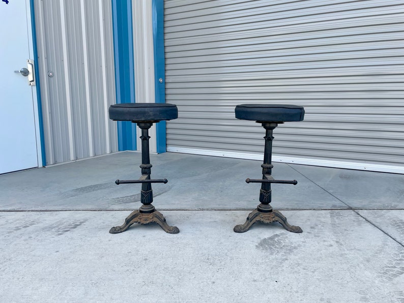 Early 1900s Vintage Heavy Cast Iron Bar Stools a Pair image 1