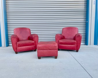 Vintage Leather Lounge Chairs & Ottoman Set, 3 Pieces
