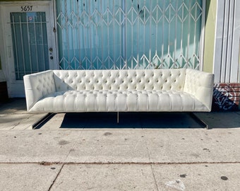 Vintage Leather and Chrome Chesterfield Sofa Styled After Milo Baughman