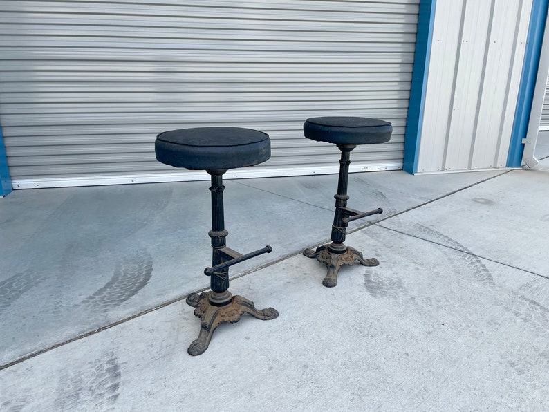 Early 1900s Vintage Heavy Cast Iron Bar Stools a Pair image 3
