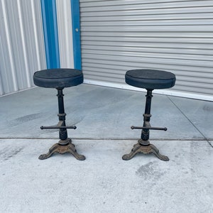 Early 1900s Vintage Heavy Cast Iron Bar Stools a Pair image 2