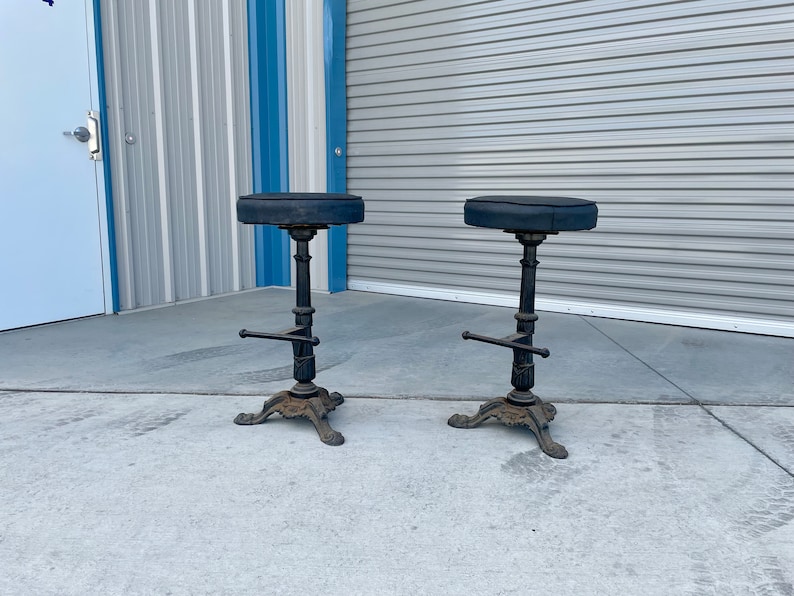 Early 1900s Vintage Heavy Cast Iron Bar Stools a Pair image 4