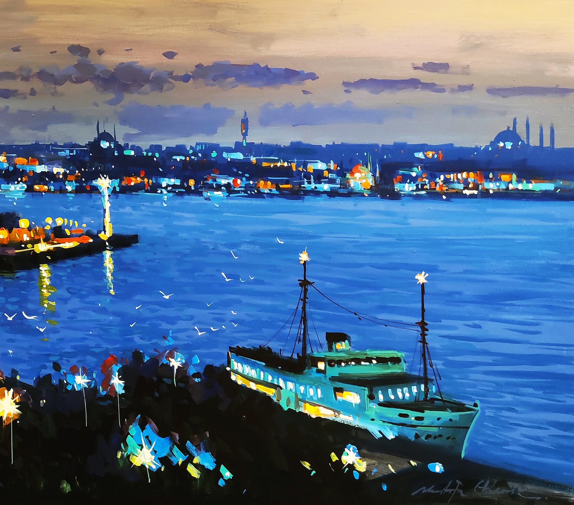 Istanbul Landscape Night City View, Blue Mosque and Bosphorus Wall Art