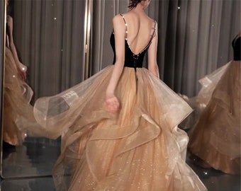 Black velvet top prom dress Champagne tulle ball gown Sparkle rhinestone dress Deep-V graduation gown Spaghetti strap dress Backless dress