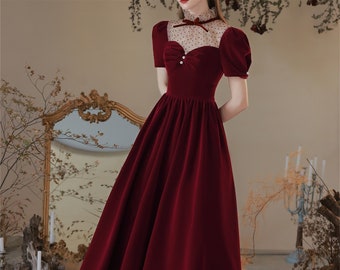 Burgundy prom dress long Velvet backless ball gown Short puffy sleeve graduation gown Vintage bridal lawn gown Fairy evening party dress