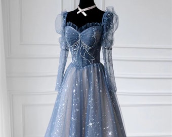 Blue prom dress long Fairy ball gown dress Long sleeves prom dress Sparkle rhinestone dress Romantic star print evening dress Crossed straps