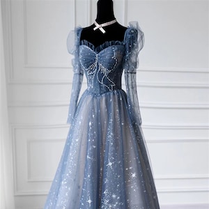 Blue prom dress long Fairy ball gown dress Long sleeves prom dress Sparkle rhinestone dress Romantic star print evening dress Crossed straps image 1