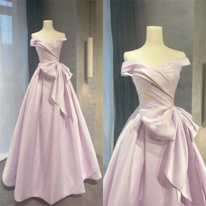 Lilac satin prom dress Off the shoulder dress for girls Simple elegant princess dress Custom dress Ball gown with bow See through prom dress