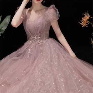 Lotus pink prom dress long Sparkle beading ball gown V-neck bridal dress Short puffy sleeve evening dress Graduation gown Glitter tulle