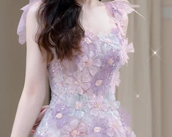 Fancy fairy lilac floral prom dress sleeveless dress Graceful birthday party dress Graduation gown bridal dress evening purple ball gown