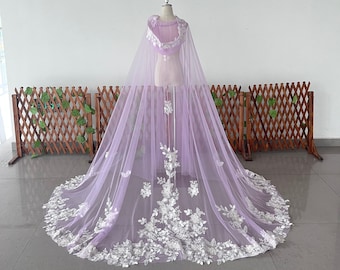 Purple Hooded Lace Veil Floral Embroidery Wedding Veil Luxury Cape Veil Elegant Cathedral Length Bridal Veil Lilac Shawl Veil Halloween