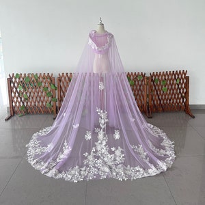 Purple Hooded Lace Veil Floral Embroidery Wedding Veil Luxury Cape Veil Elegant Cathedral Length Bridal Veil Lilac Shawl Veil Halloween