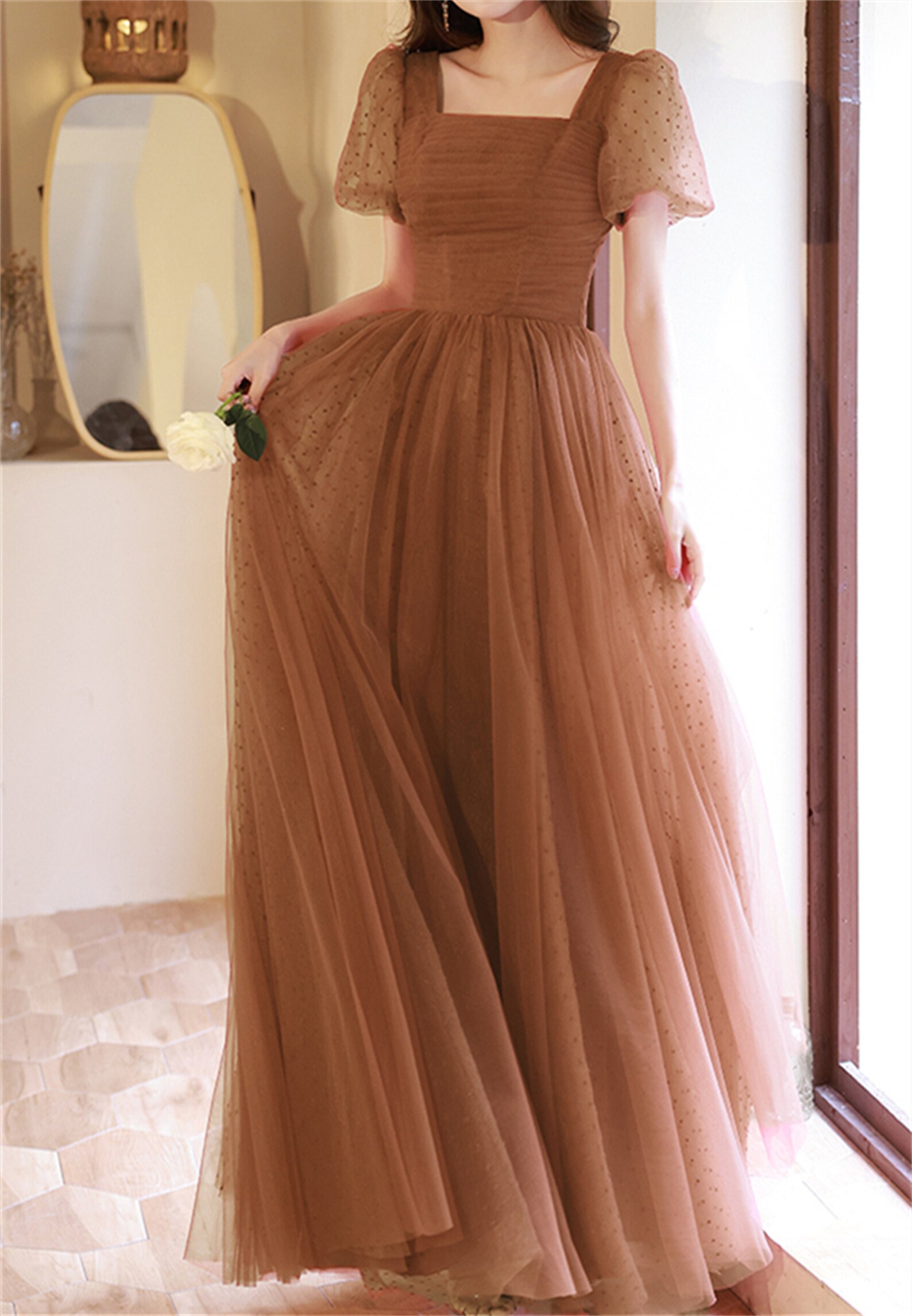 Caramel Prom Dress Long Custom Dress Short Puffy Sleeve Fairy Etsy
