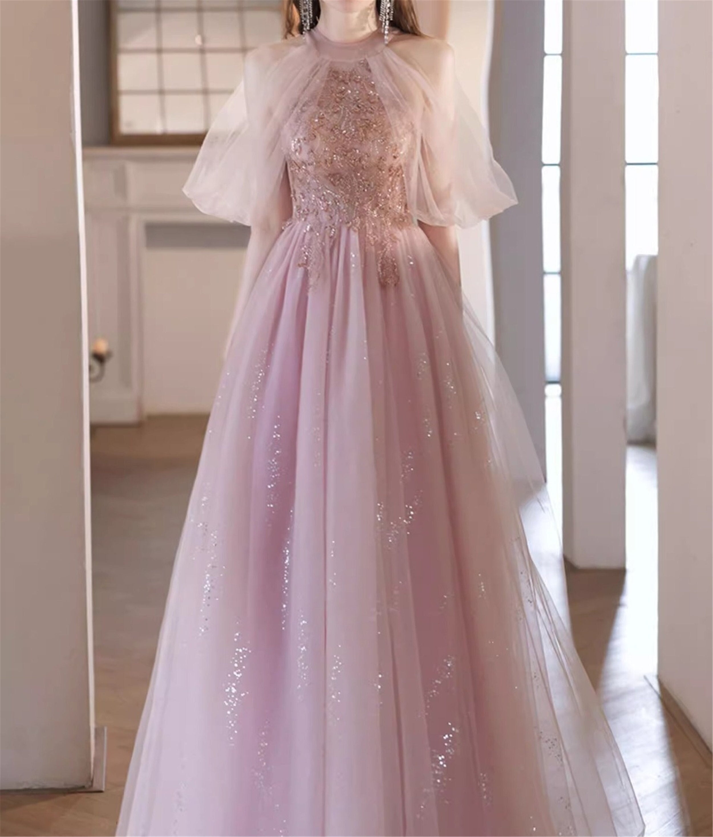 Light Pink Net Gown with Pink Pearls