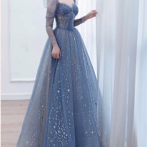 Blue prom dress long Fairy ball gown dress Long sleeves prom dress Sparkle rhinestone dress Romantic star print evening dress Crossed straps image 5