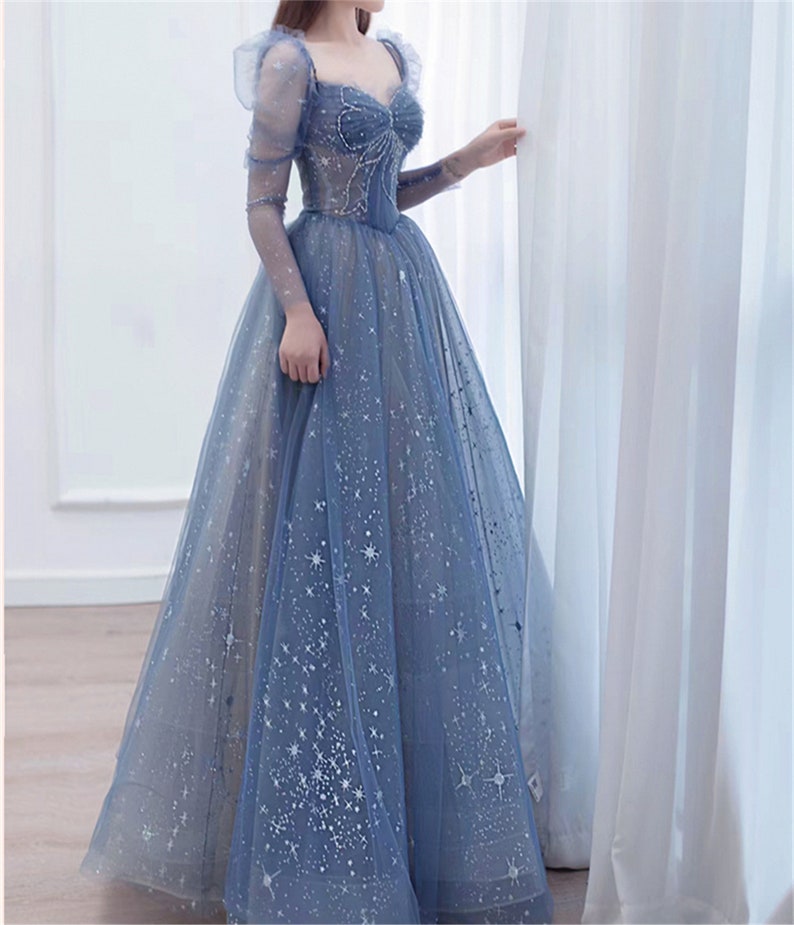 Blue prom dress long Fairy ball gown dress Long sleeves prom dress Sparkle rhinestone dress Romantic star print evening dress Crossed straps image 5