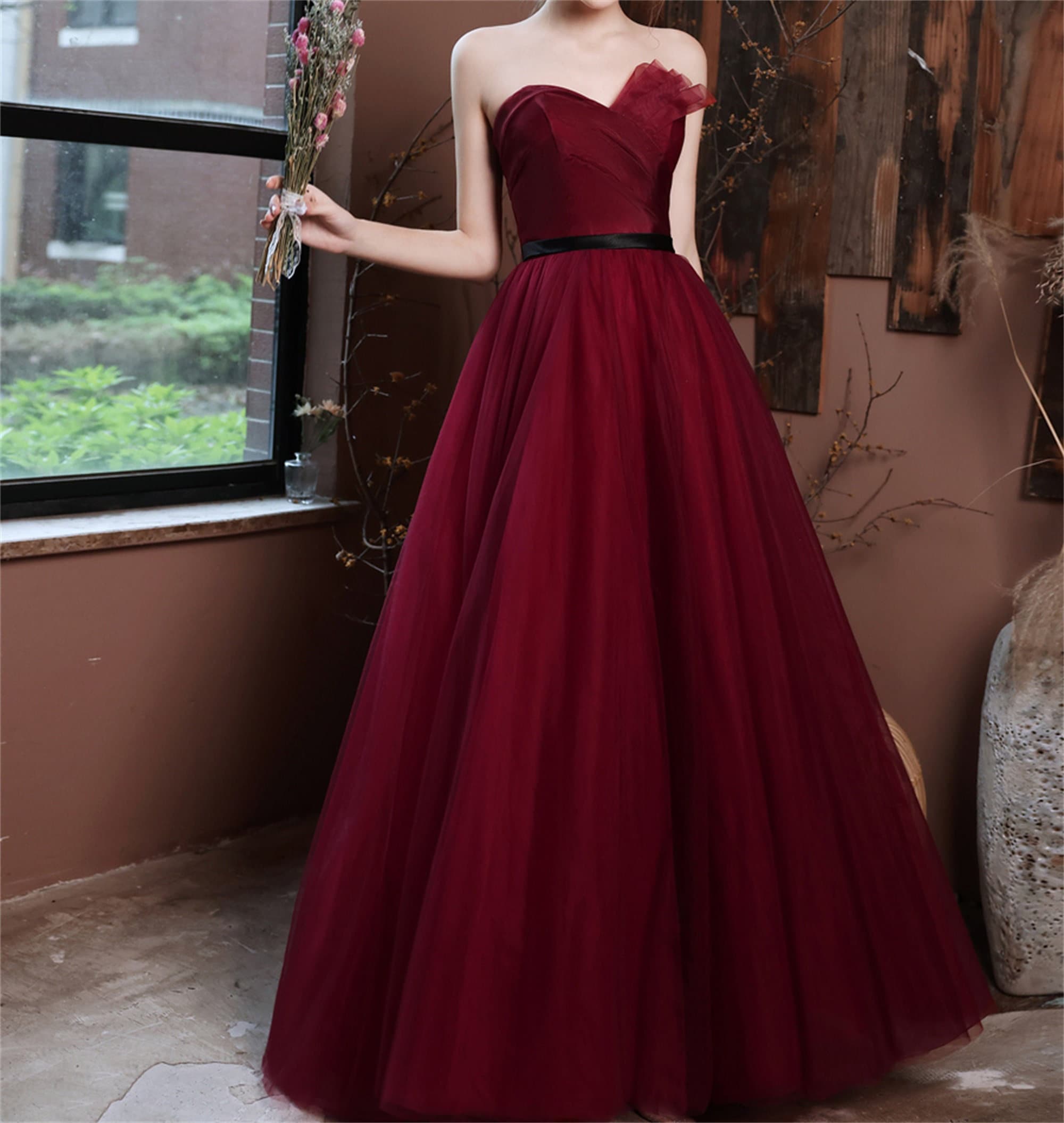 Simple V Neck Burgundy Tulle Long Prom Dress Burgundy Evening Dress –  shopluu