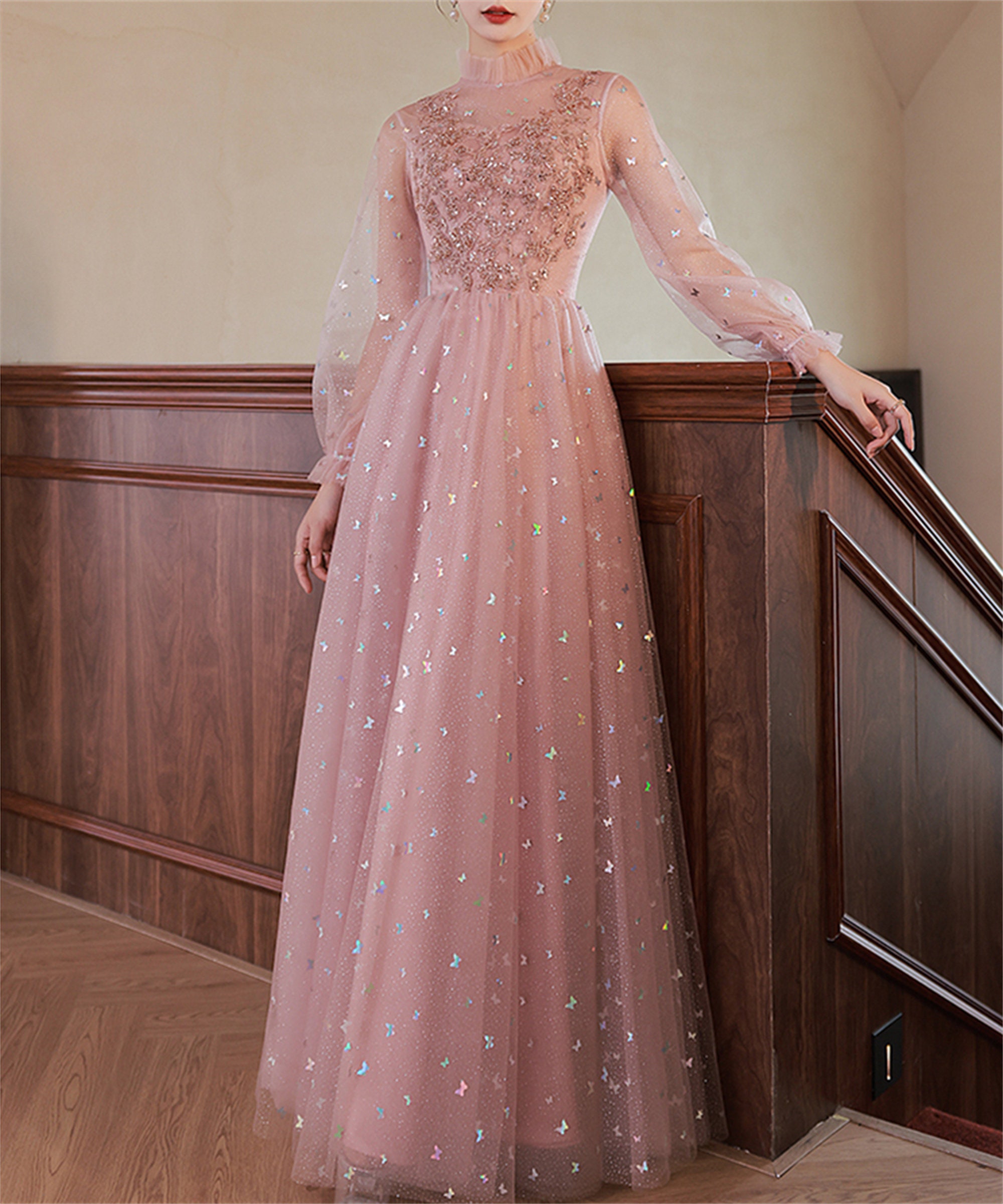 Pink Prom Dress Long Long Sleeve Dress Butterfly Sequins Birthday Party Dress Graduation Gown With Beading Ruffle Collar Bridal Dress Custom Etsy
