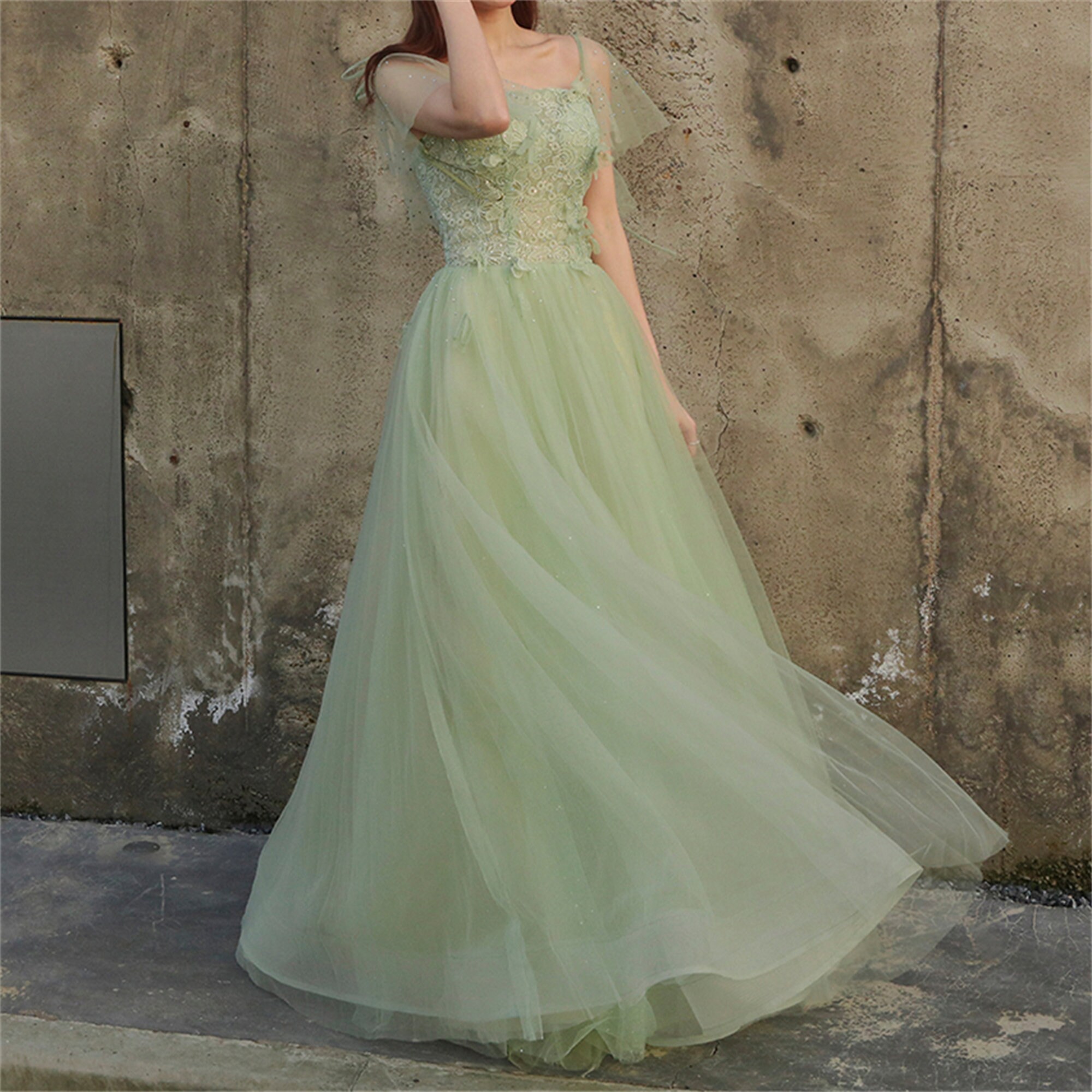 Mint Green Prom Dress Long Lace Floral Top Prom Dress Bridal Etsy Uk