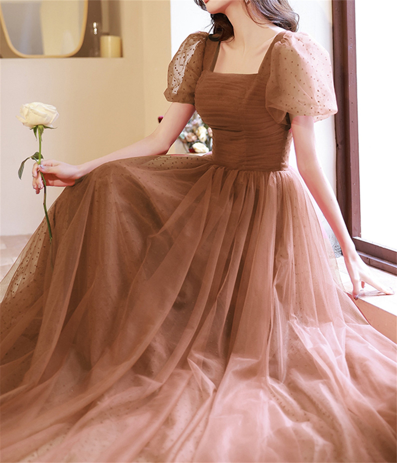 Caramel Prom Dress Long Custom Dress Short Puffy Sleeve Fairy Etsy