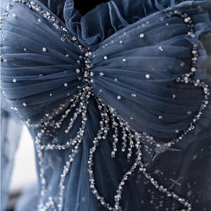 Blue prom dress long Fairy ball gown dress Long sleeves prom dress Sparkle rhinestone dress Romantic star print evening dress Crossed straps image 4