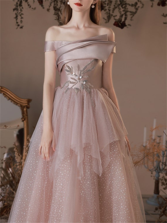 Lotus Pink Prom Dress Long Off the shoulder Ball Gown Satin tulle